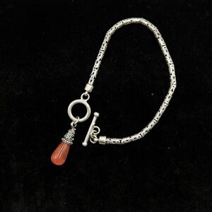 Sterling Silver 925 Woven Chain Bracelet w/ Coral Drop Charm 7.6” Toggle Clasp